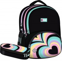 SET Rucksack Mäppchen HEARTS Mädchen Schwarz Rosa Schulrucksack Groß Schulranzen