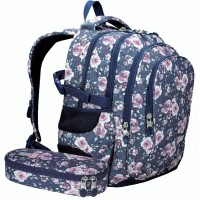 SET Rucksack Mäppchen VINTAGE FLOWER Blumen Mädchen Blau Rosa Schulranzen Groß L
